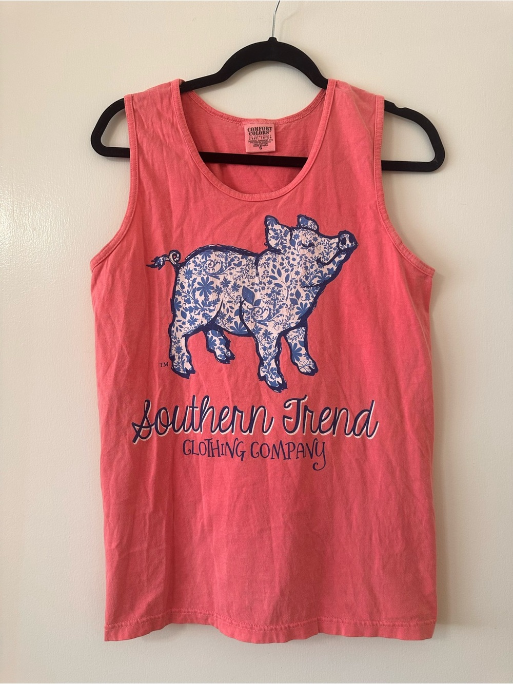 Comfort Colors Coral Tank with Blue Floral Pig Graphic